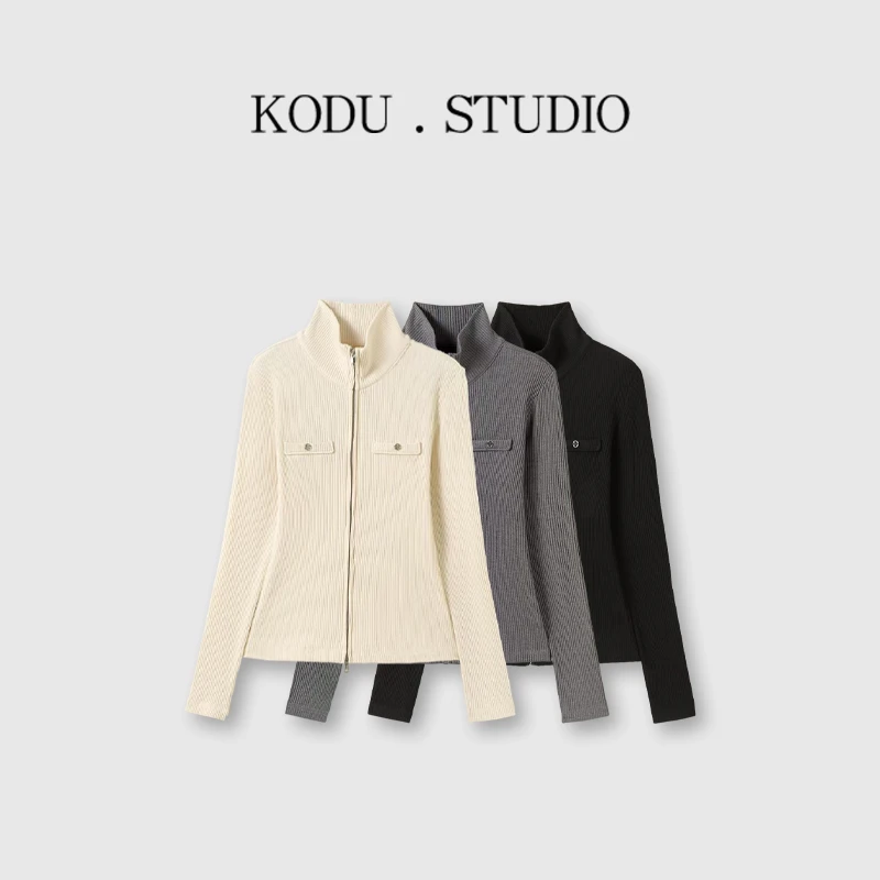 【刻度KODU】KD-5745秋季新品时尚显瘦坑条纹双头拉链长袖针织开衫