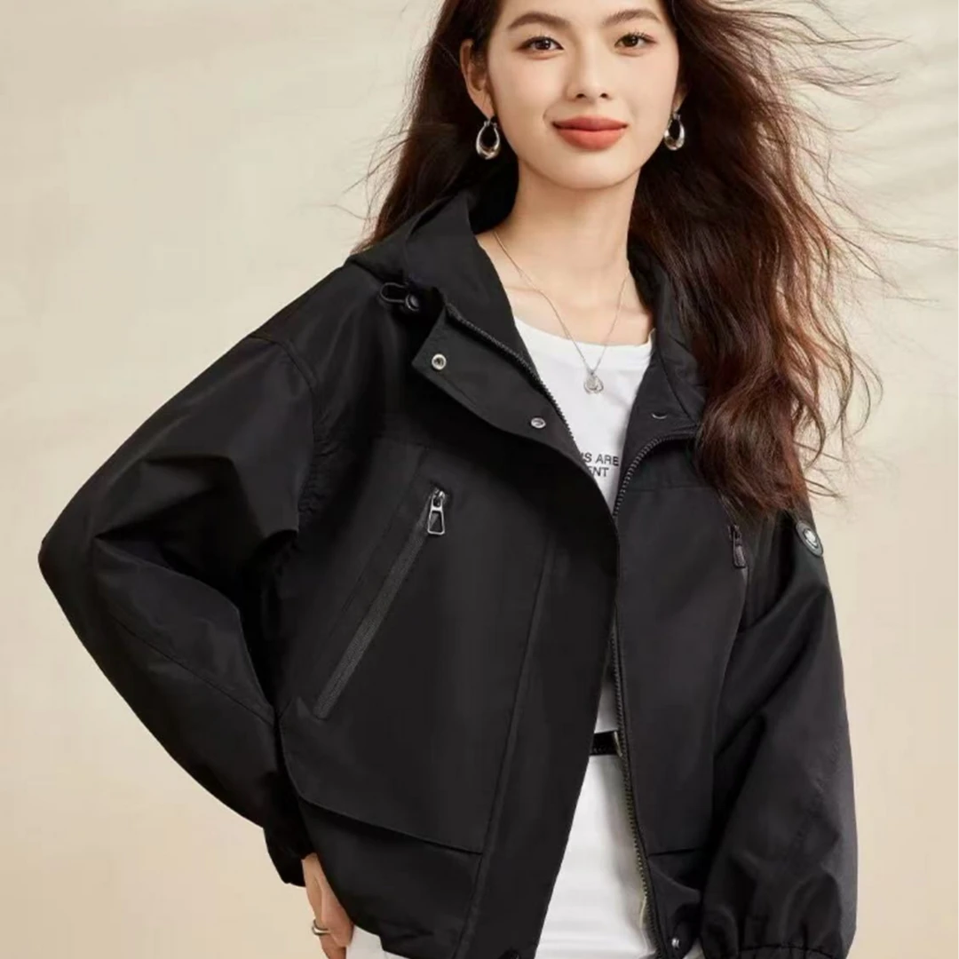 【喜慕】2025春季连帽立领拉链休闲时尚冲锋衣短款外套C24