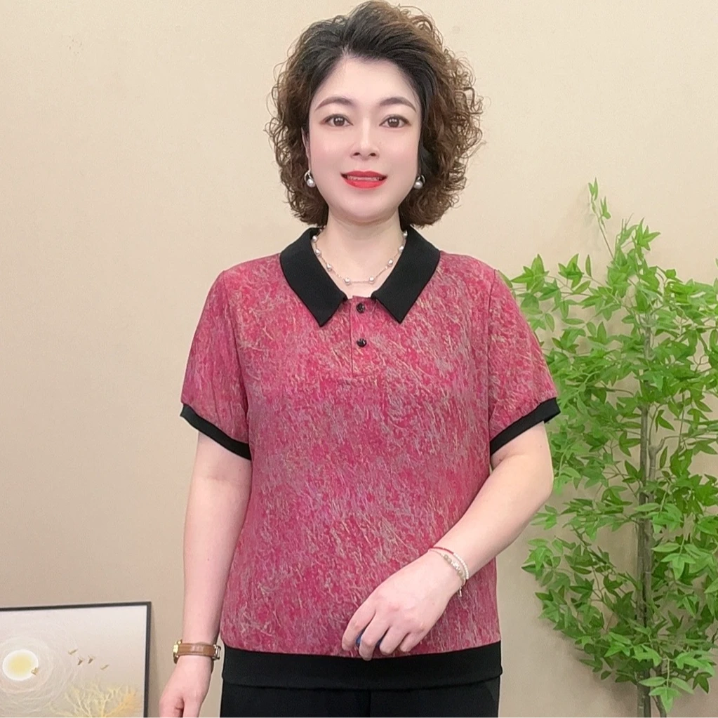 短袖夏季薄款妈妈装翻领气质中老年小衫显瘦宽松女装洋气时尚女士