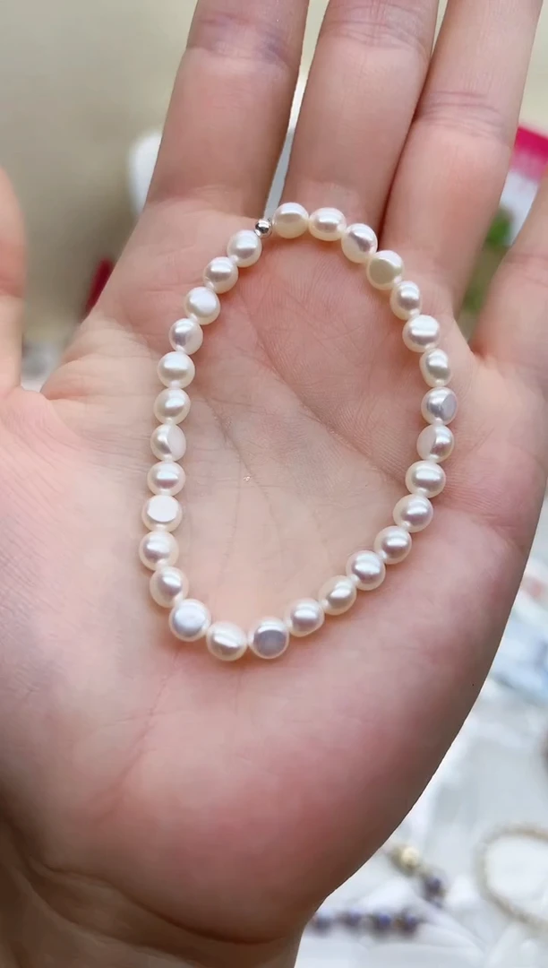 银S925镶嵌手链淡水珍珠横孔馒头珠5-6mm