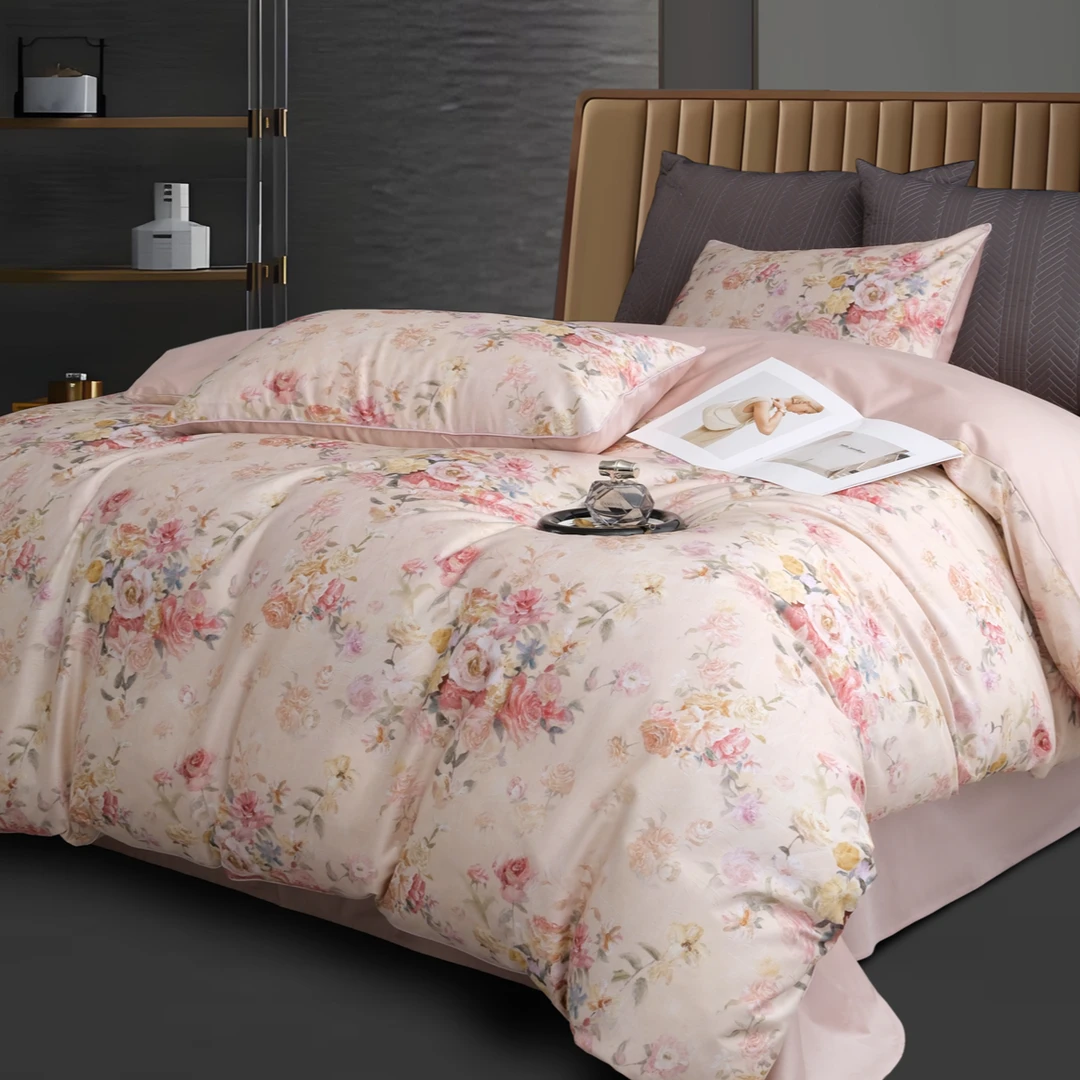 C7796 纯棉滚绳活性数码印花100s标准四件套 花语-粉200*230轻奢