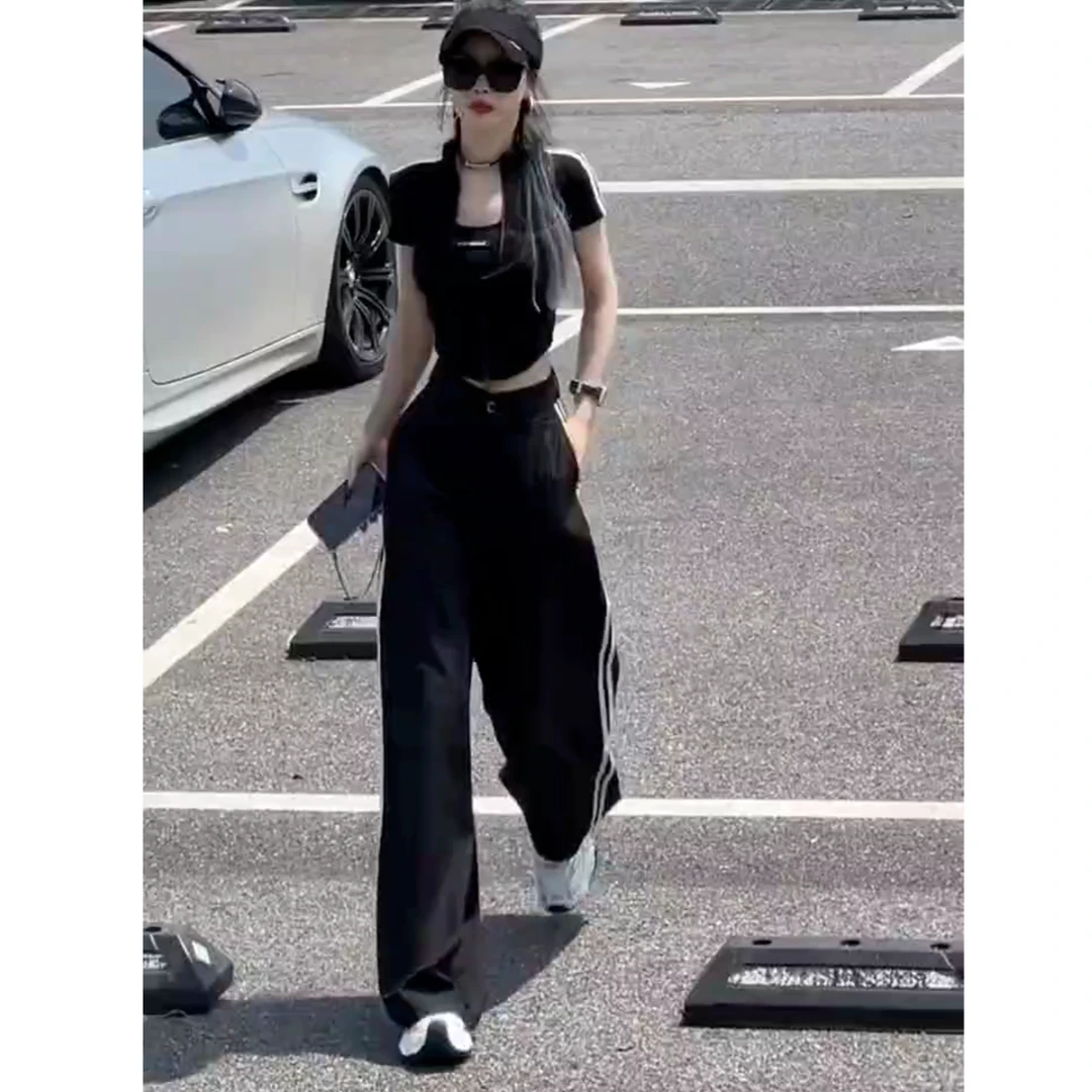 网红炸街运动休闲套装女夏季修身显瘦短款上衣+宽松直筒裤两件套
