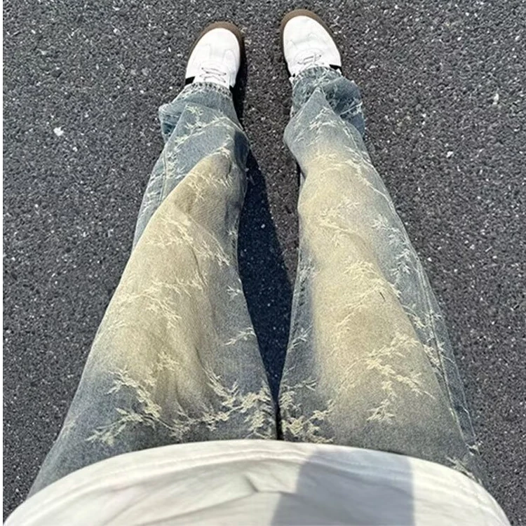 荆棘提花微喇牛仔裤美式高街vibe裤子男秋季设计感提档修身直筒裤
