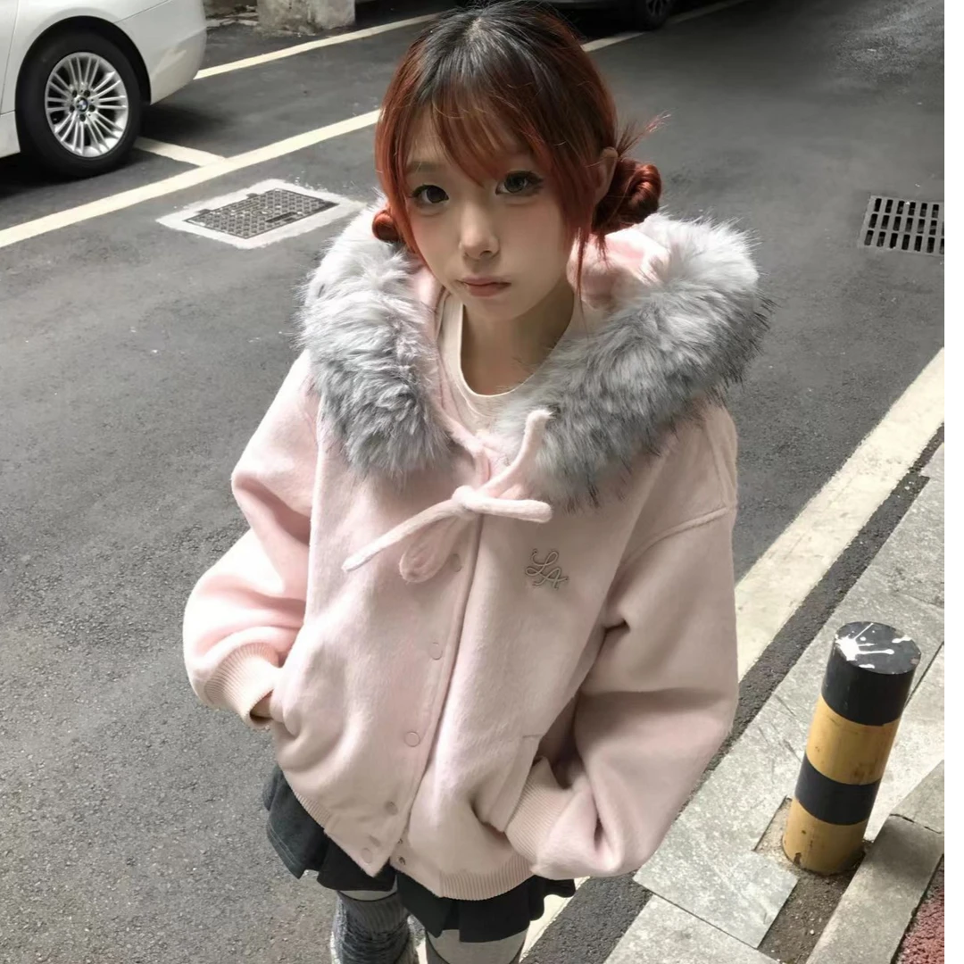 冬季女连帽毛呢外套保暖加厚宽袖秋冬洋气宽松毛绒甜美外套#WY157