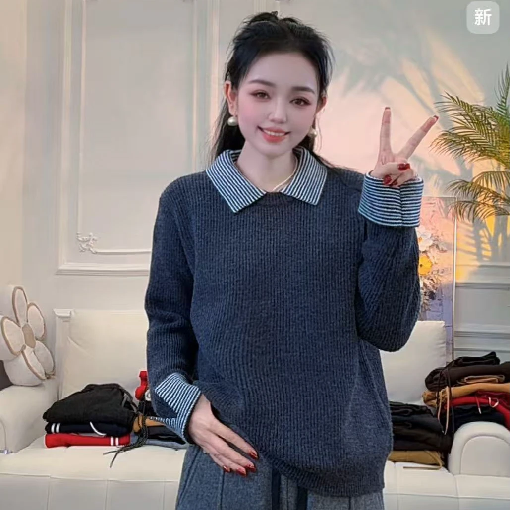 韩系时尚拼接条纹领套头毛衣S589