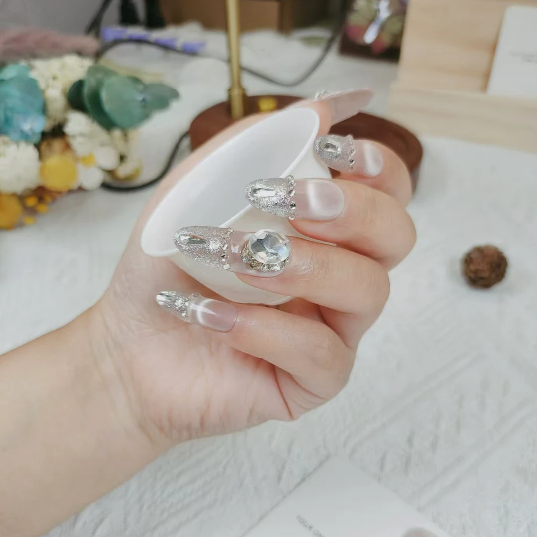 【米诺●星光芭蕾】裸色高级爆闪碎钻流苏轻奢中长款手工穿戴甲美甲