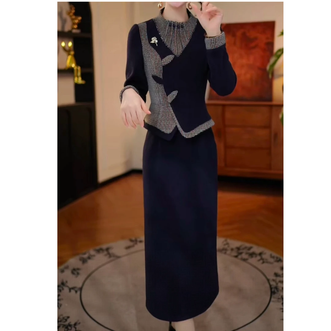 朵菲【靛蓝梦花】2025冬季新款保暖加厚连衣裙洋气减龄收腰显瘦裙子