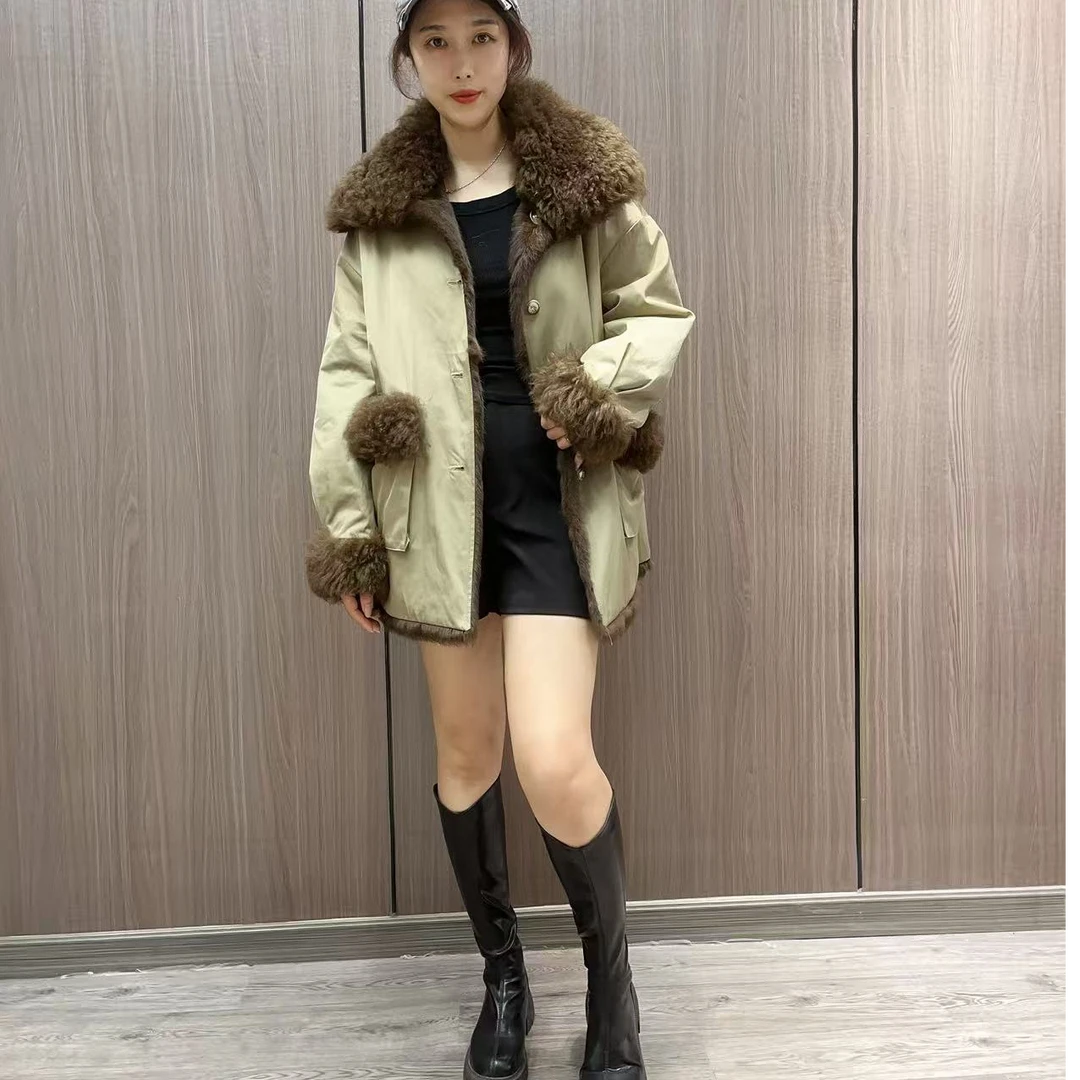 XUEHU新款设计师款正反两穿兔毛一体中长款皮草外套