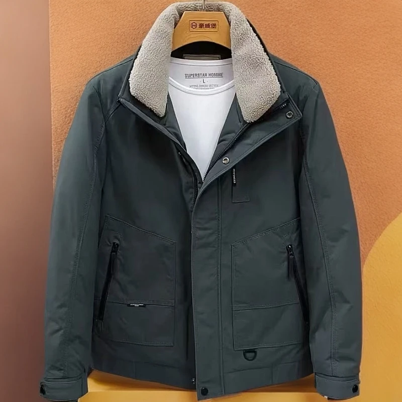 厚款拉链连帽保暖夹克男士休闲工装外套加厚时尚毛领男装秋冬