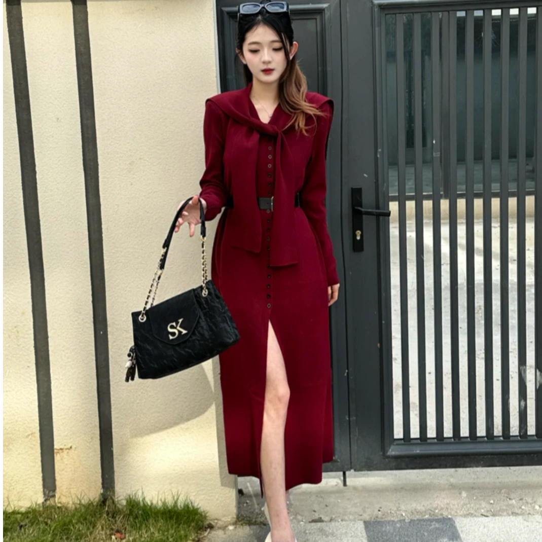 【LINXI】针织修身秋冬长款休闲风老钱风时尚套装气质优雅（带腰带）