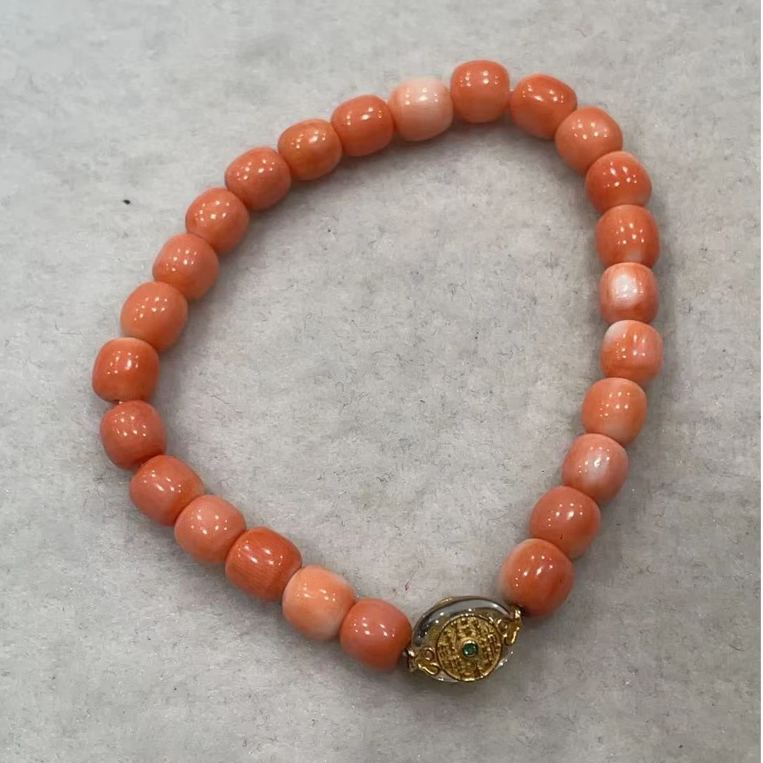 纯天然粉珊瑚莫莫鼓珠单圈手串