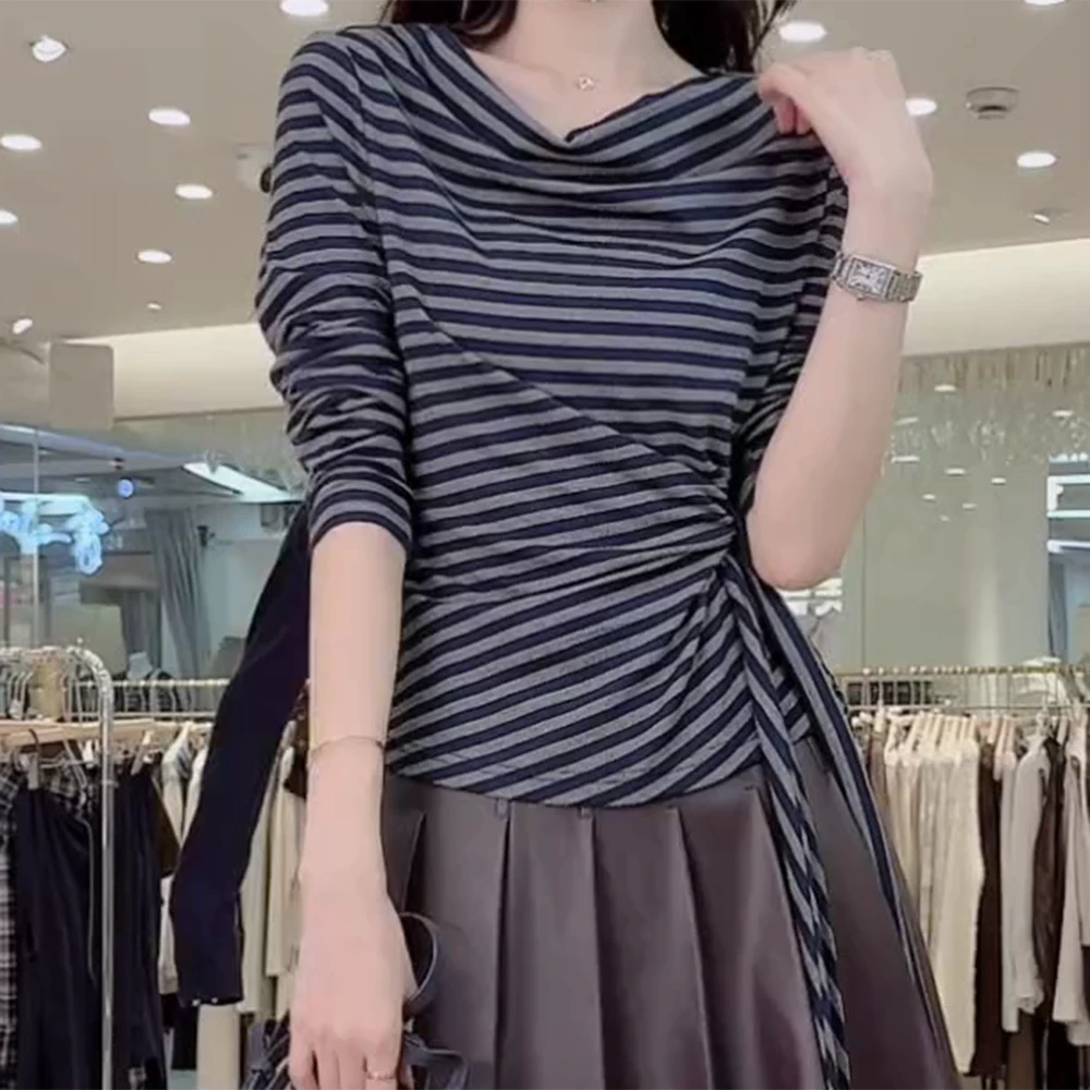 【烟雨绵绵】2025秋季新款修身系带T恤上衣C5835