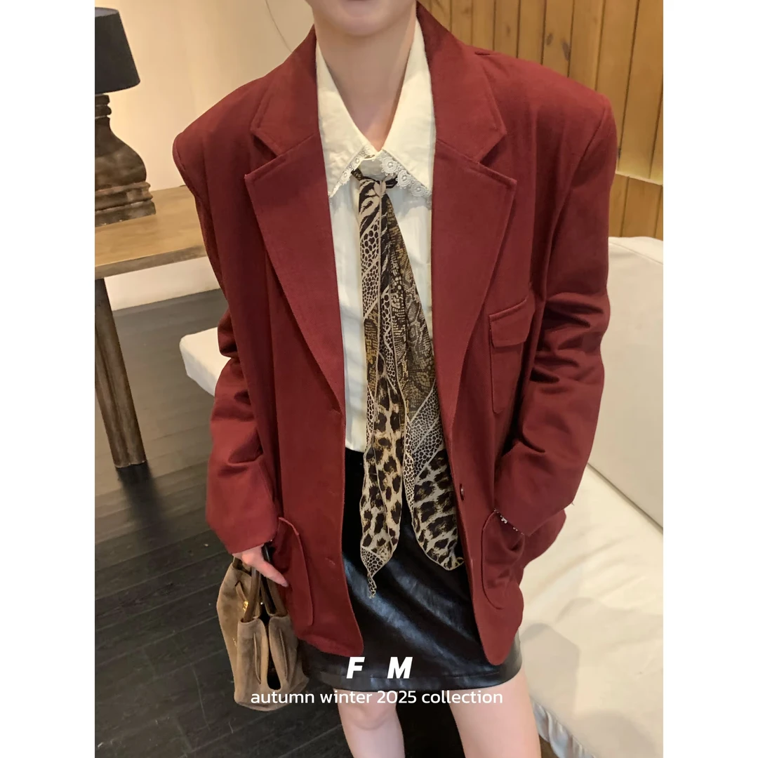 【赵小小&朗姆红茶】7527 西服宽松甜酷复古酒红色港风高级感外套女