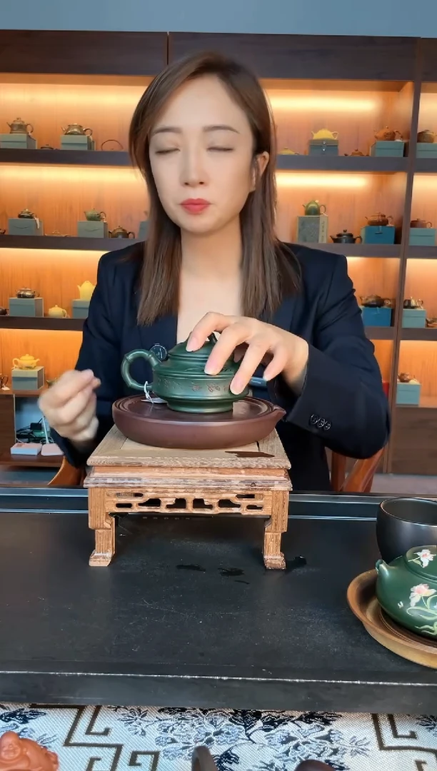 茶壶紫砂清风竹影双线竹鼓 墨绿泥 顾林芬