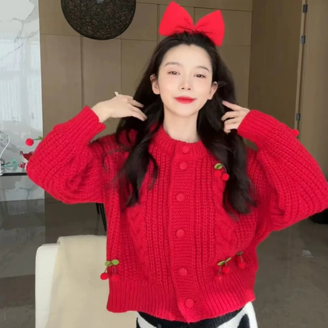 立体樱桃麻花针织开衫