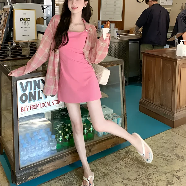 【74格纹风情】气质吊带连衣裙子女初夏季穿搭新款高级感背心两件套