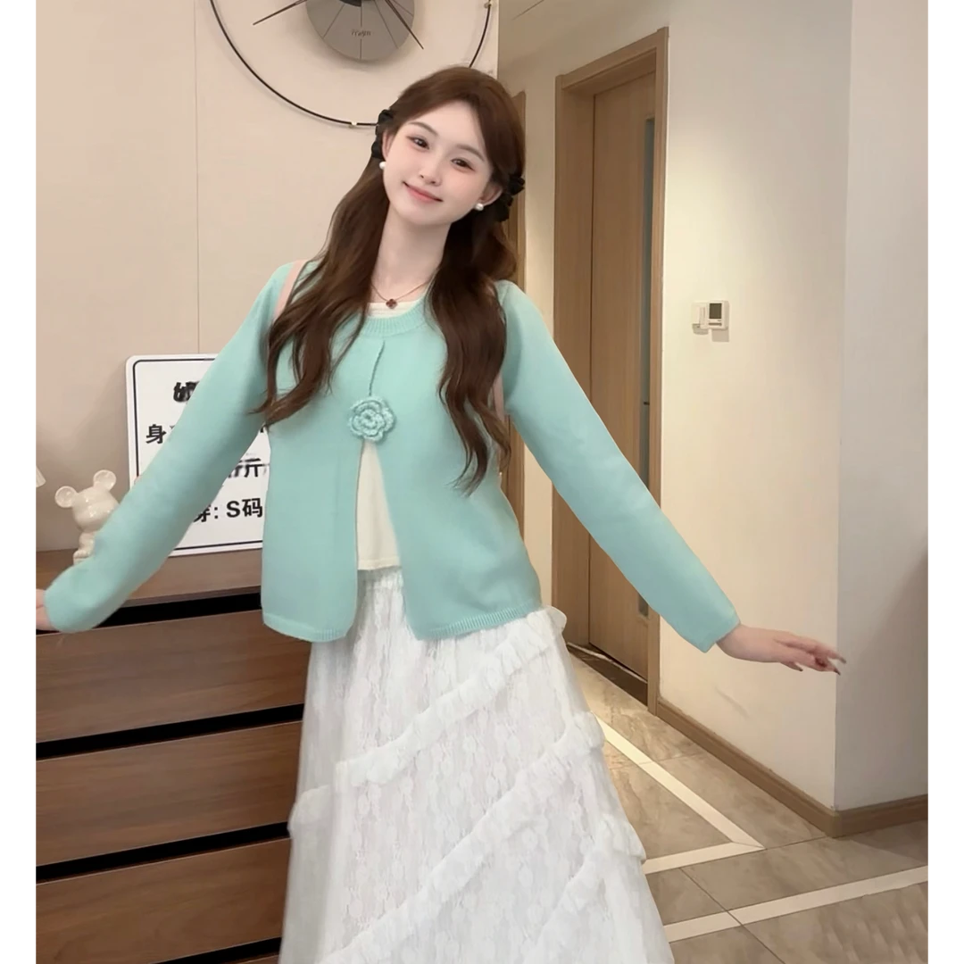 捕梦少女手工钩花立体山茶花洋气设计感毛针织衫百搭假两件女上衣
