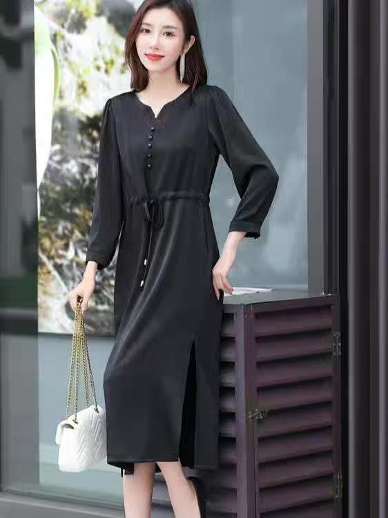 G397气质显瘦时尚洋气减龄抽绳百搭妈妈连衣裙垂感舒适丝滑裙子