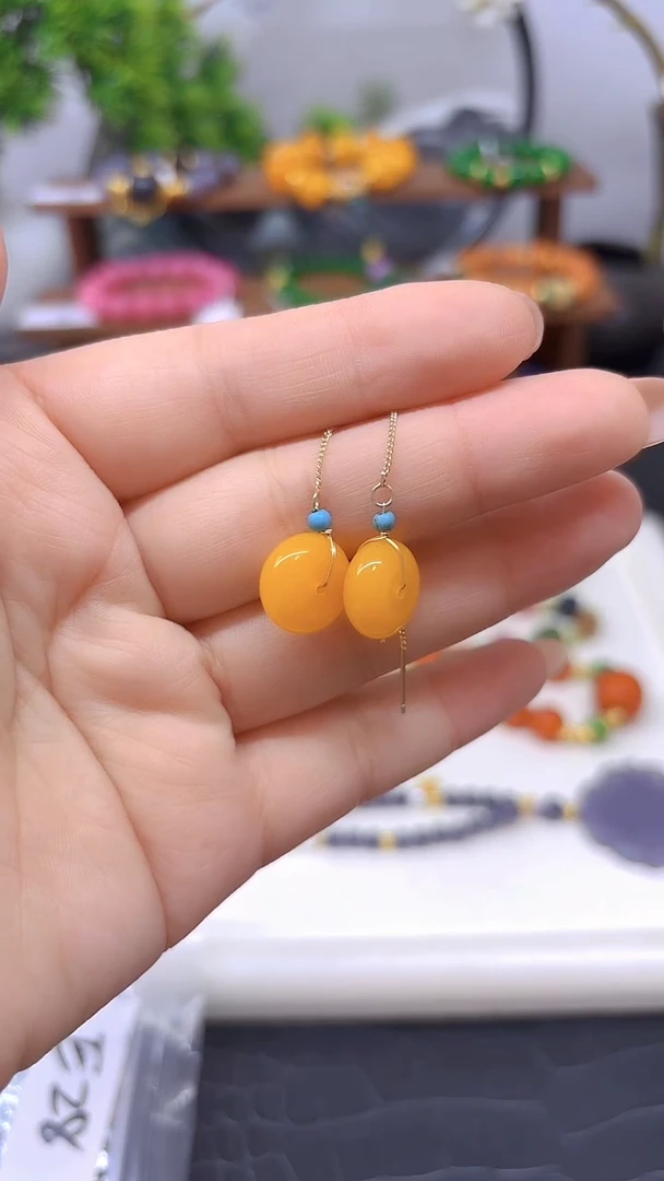 蜜蜡银S925镀金镶嵌耳饰E28