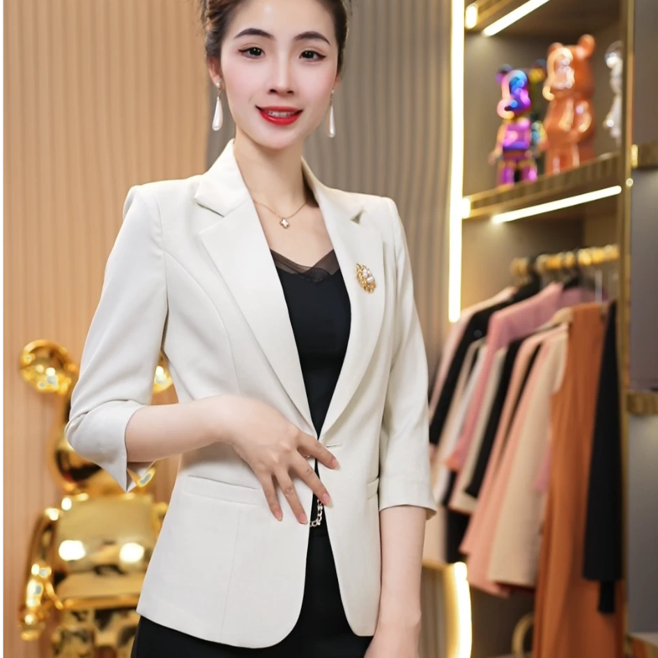 夏季薄款韩版中袖小西装女七分袖修身显瘦百搭小个子短款