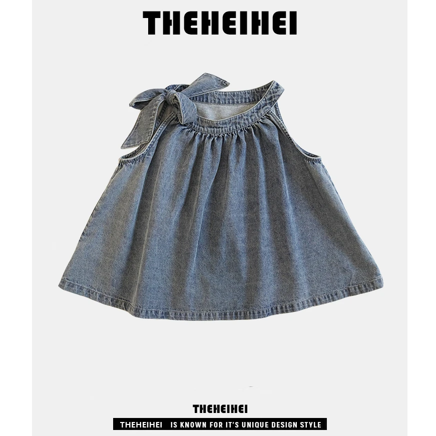 设计师品牌【牛仔蓝】韩版百搭无袖牛仔小衫中大童亲子 3217