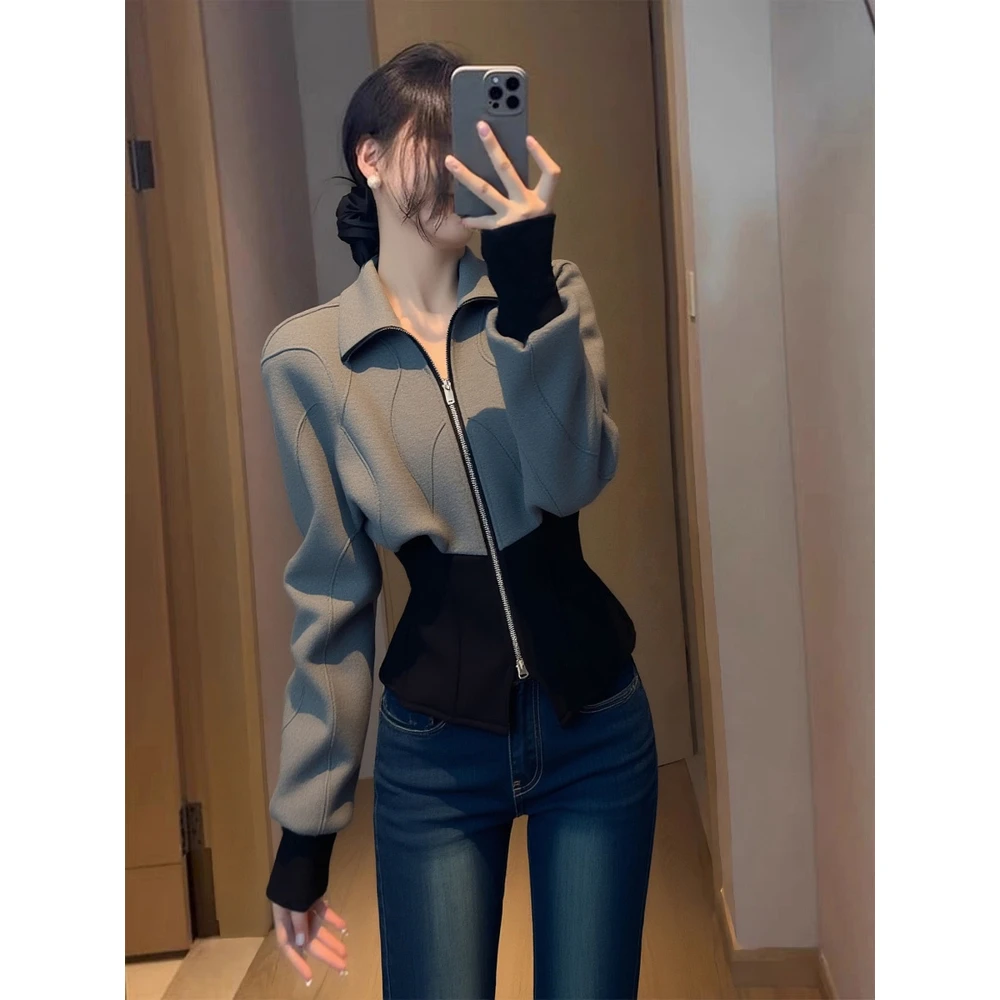 韩版气质高级感撞色卫衣外套女2025秋季新款时髦百搭收腰显瘦上衣