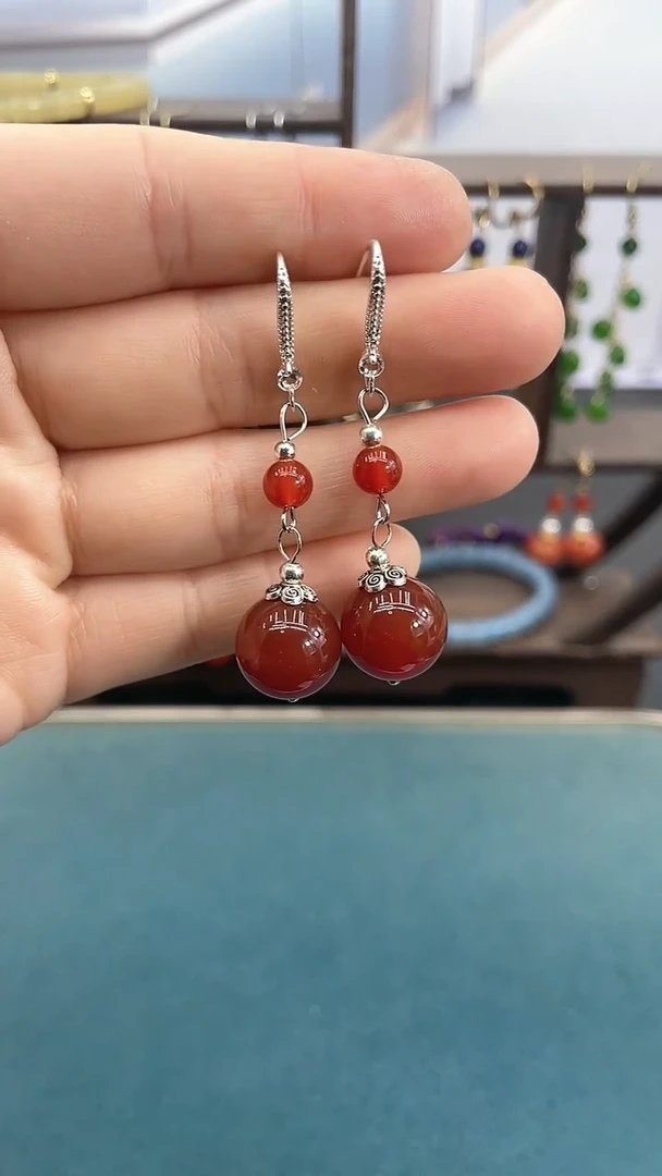 银S925镶嵌南红玛瑙耳饰14mm红色双珠