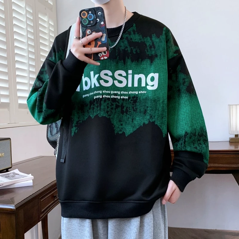 渐变休闲圆领卫衣男春秋宽松加肥加大码字母长袖印花撞色百搭上衣