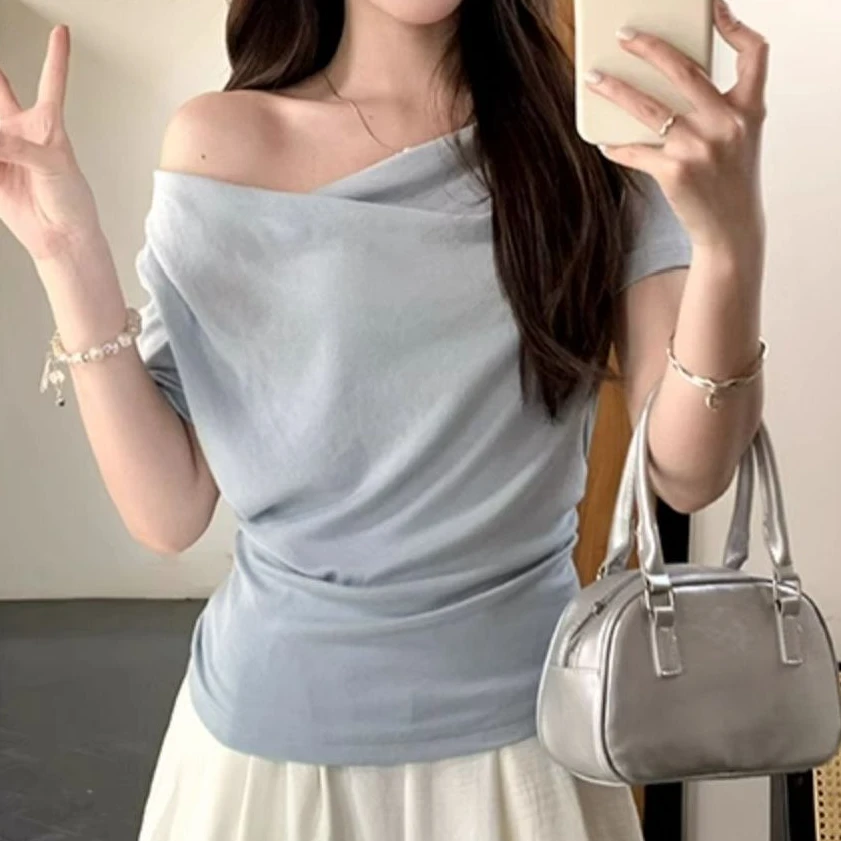 荡领斜肩设计感收腰短袖T恤女2025夏季绝美修身上衣
