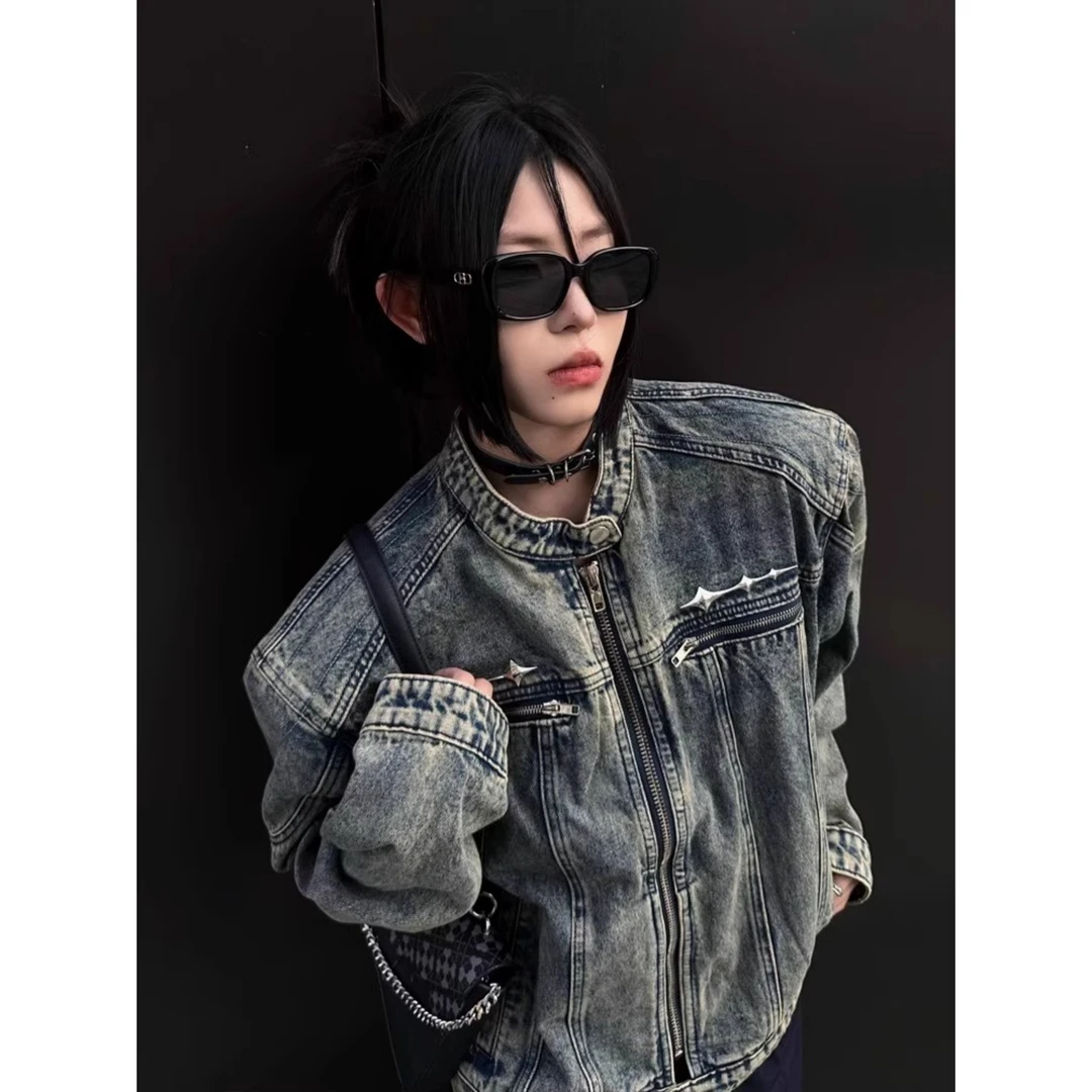 AEBD美式复古水洗金属设计感牛仔外套小众高级感痞帅短款机车夹克