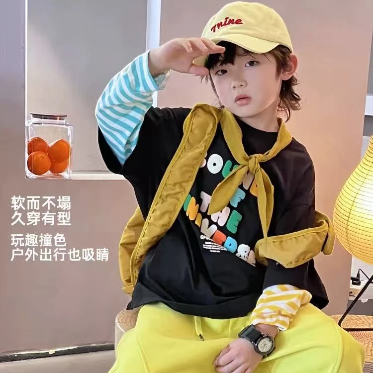 儿童男童服装假两件长袖T恤宝宝洋气秋装休闲鸳鸯拼袖假两件上衣