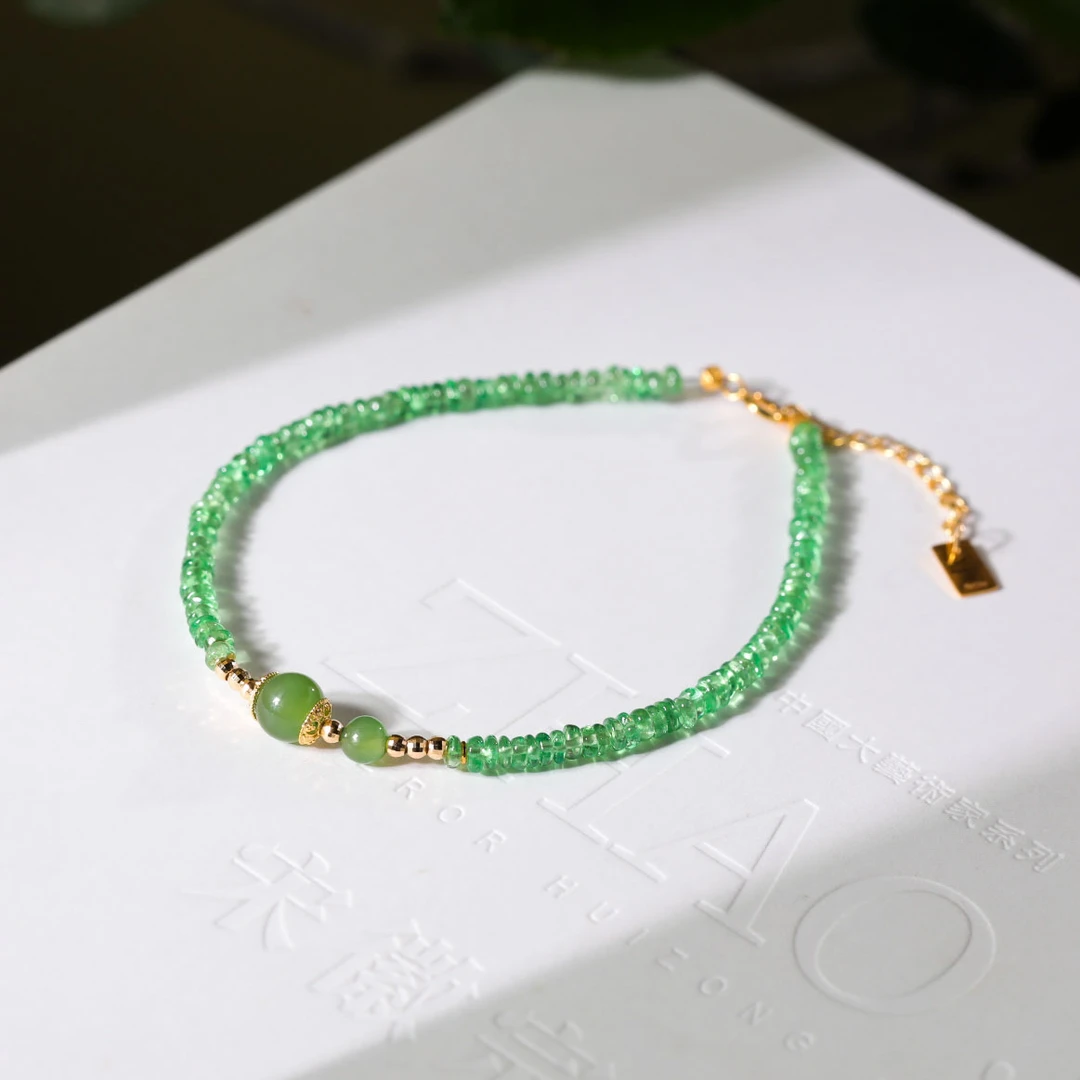 【意婵】天然高品精工切面沙弗莱石榴石单圈手链和田玉18K金-911285