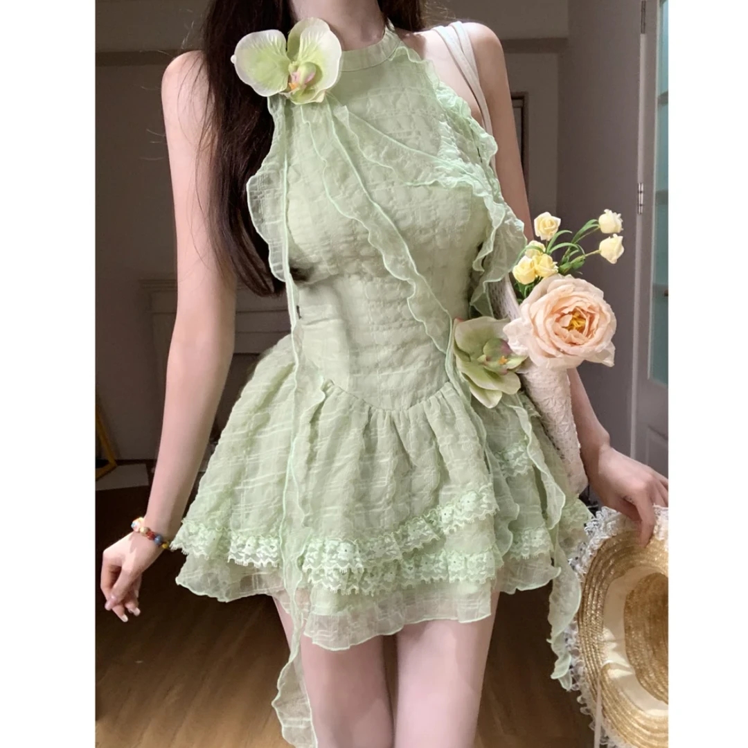 薄荷曼波绿色挂脖吊带连衣裙女夏无袖露背蓬蓬裙显瘦短裙小个子