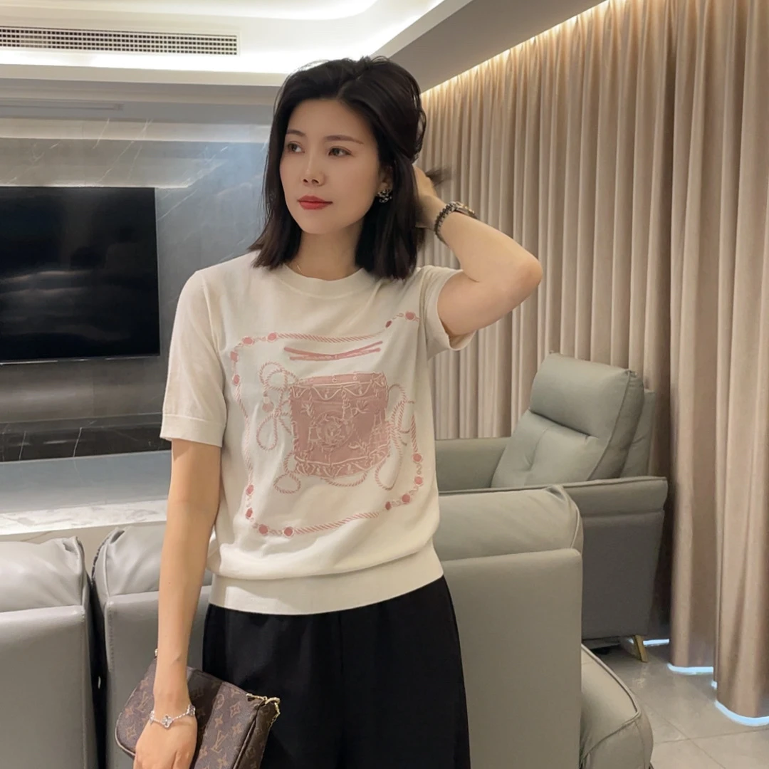 JY25夏时尚显瘦百搭设计师图案休闲轻奢针织衫毛衣针织衫短袖上衣