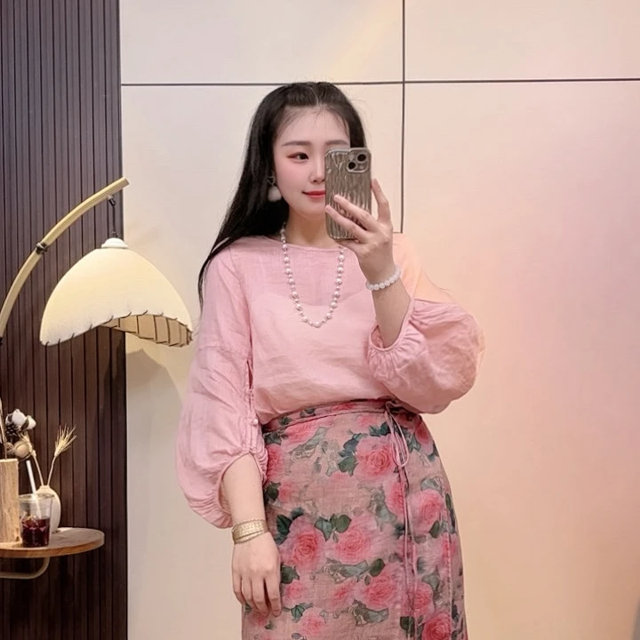 宗宗严选【陇悦】2025夏季印花衬衣小衫纯苎麻灯笼袖上衣女减龄