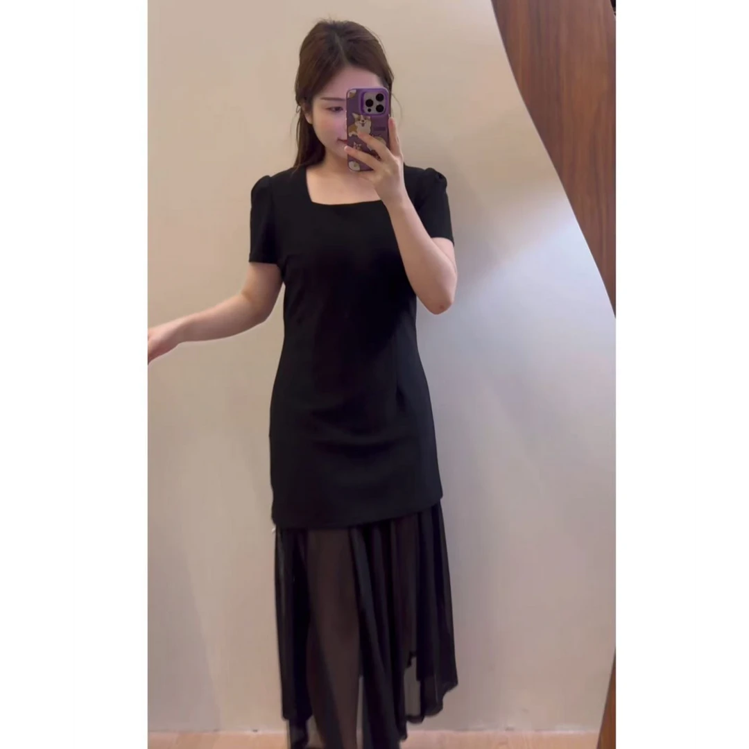 小个子显瘦长裙拼接方领小黑裙修身通勤舒适夏季连衣裙