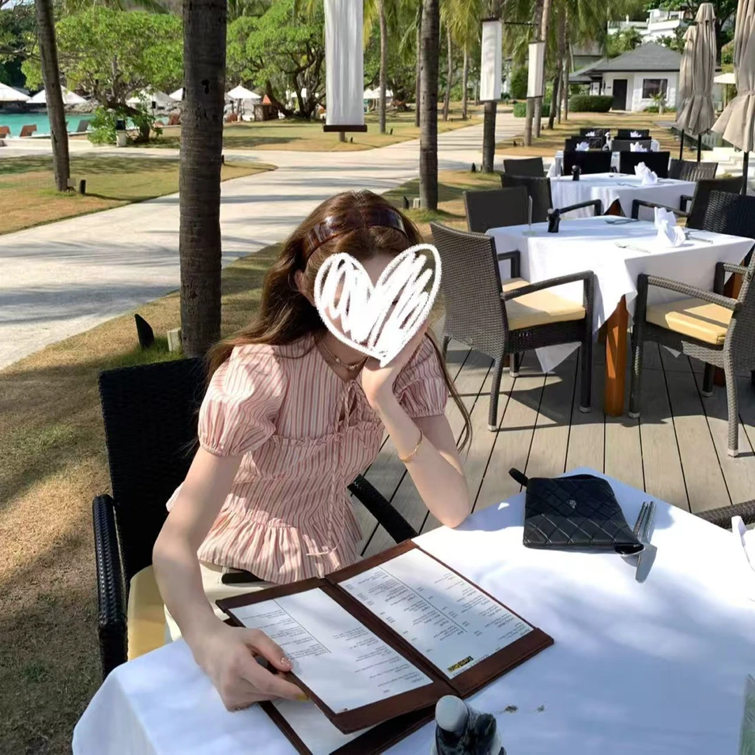 甜粿妹妹冷雨玫瑰 泡泡袖上衣条纹白色系带蝴蝶结短款t恤女