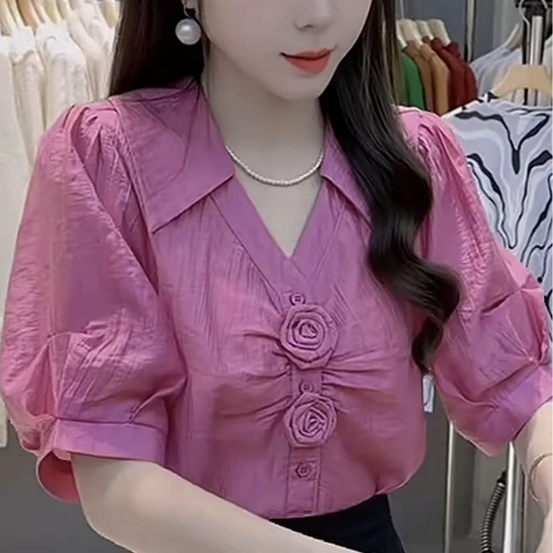 2025年新款中袖玫瑰花干枯玫瑰粉衬衫