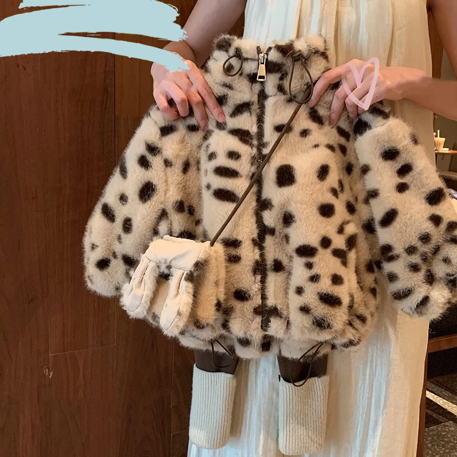 女童加绒加棉加厚外套豹纹2025新款小童洋气冬装女宝宝毛毛衣外套