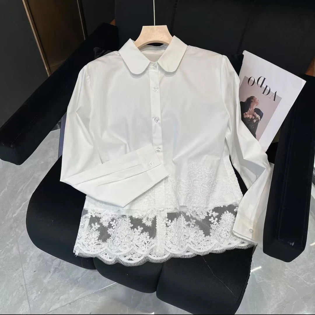 小桃心春款薄的领下摆镂空拼接蕾丝勾花工艺衬衫