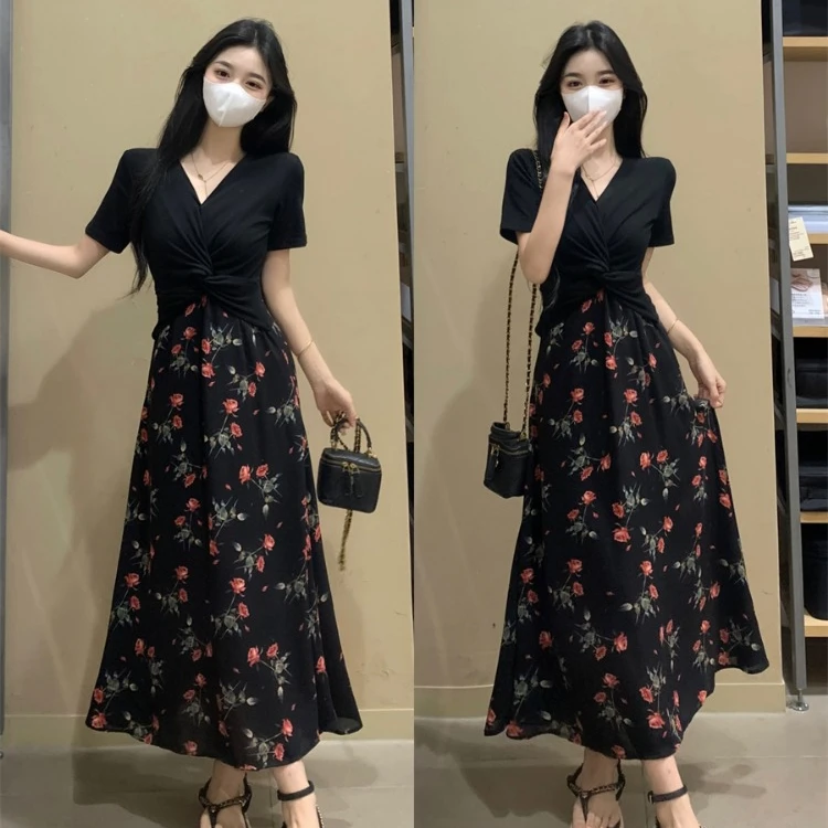 大码茶歇法式连衣裙夏季赫本风假两件碎花裙胖MM收腰显瘦裙子1533