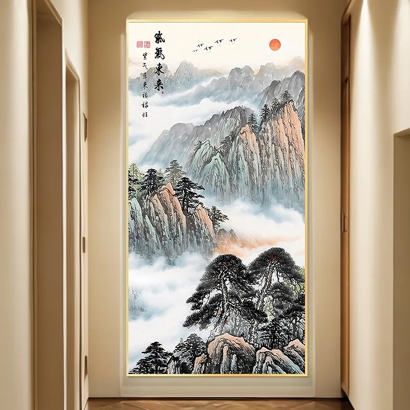 泰山靠山图玄关装饰画中式五岳独尊走廊背景挂画