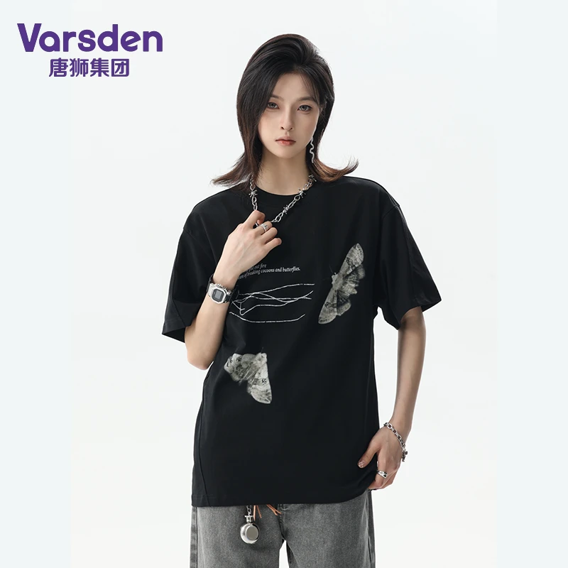 唐狮集团Varsden纯色飞蛾美式印花短袖T恤男夏季休闲宽松圆领上衣