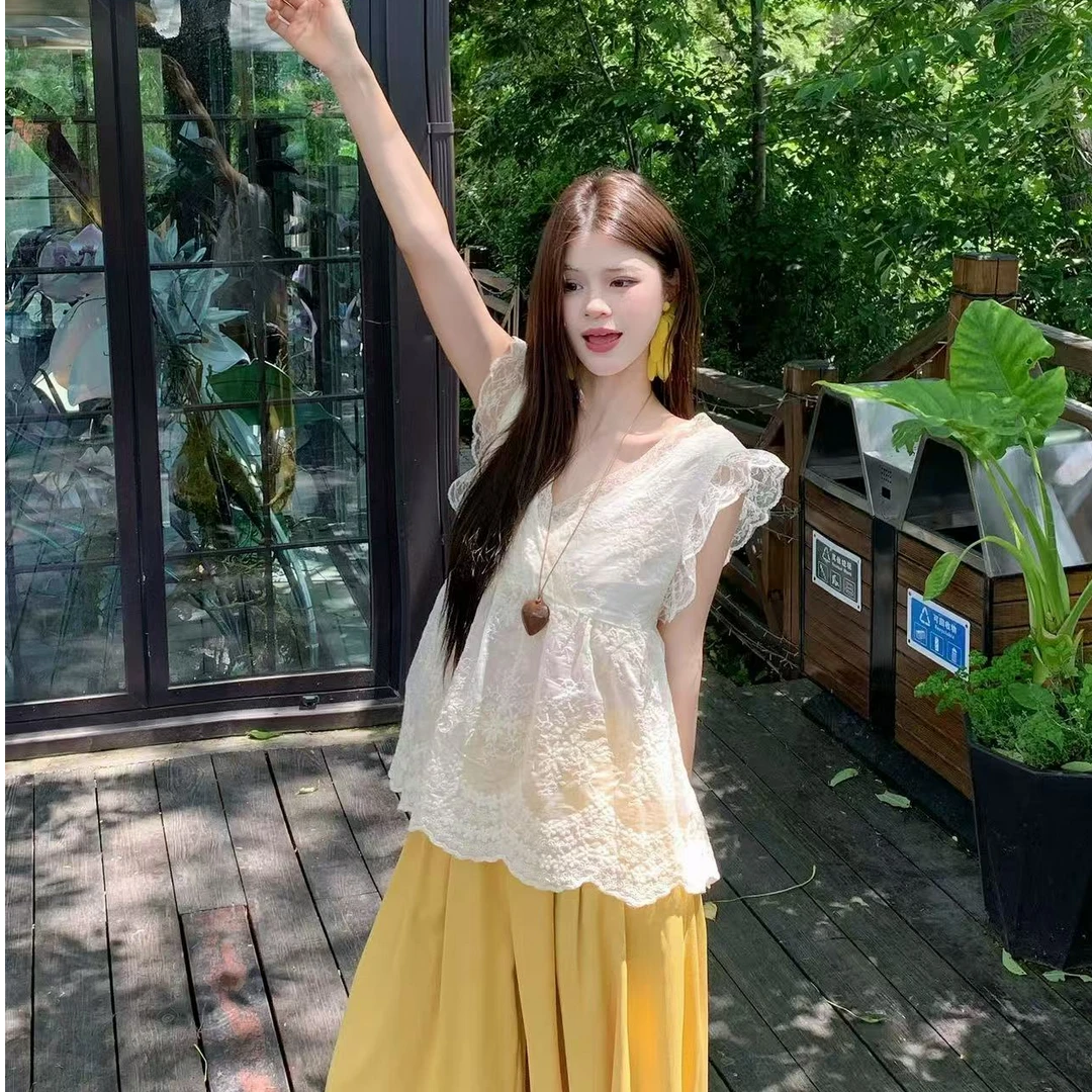 法式蕾丝边飞飞袖衬衫女装夏季8966