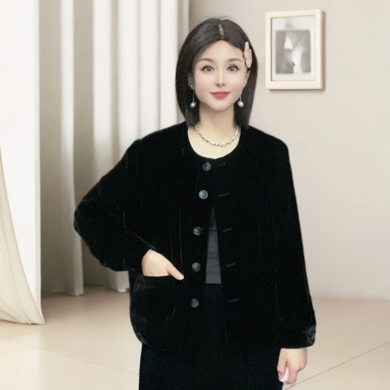 高端桑蚕丝真丝丝绒圆领上衣外套1092