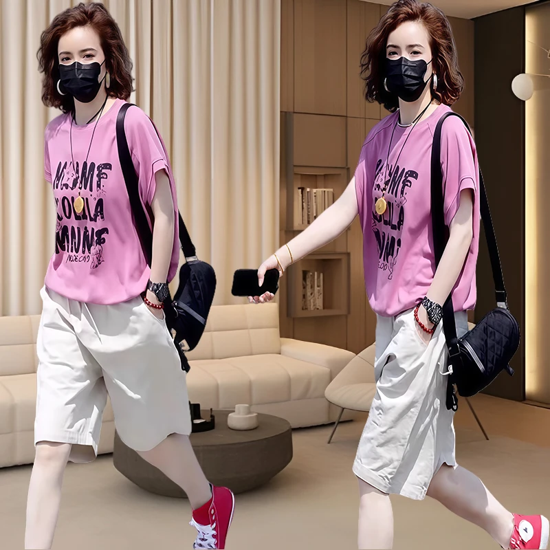 休闲五分裤宽松显瘦女时尚套装2025夏季两件套圆领印花短袖减龄