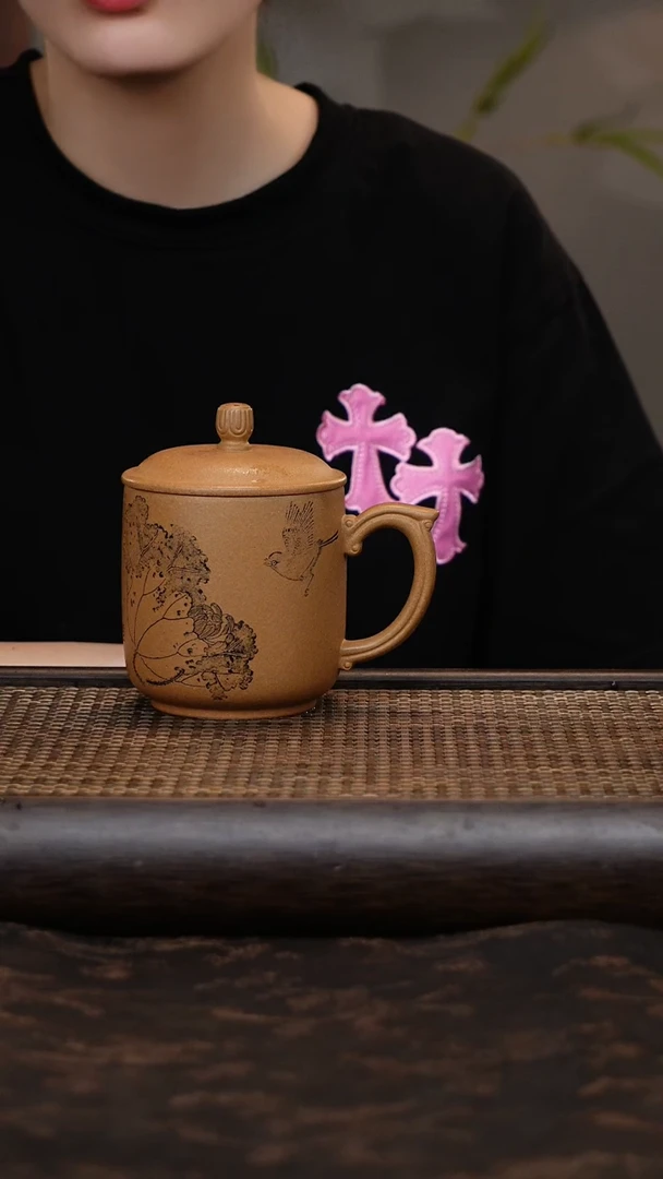 茶杯紫砂黄金段荷花鸟
