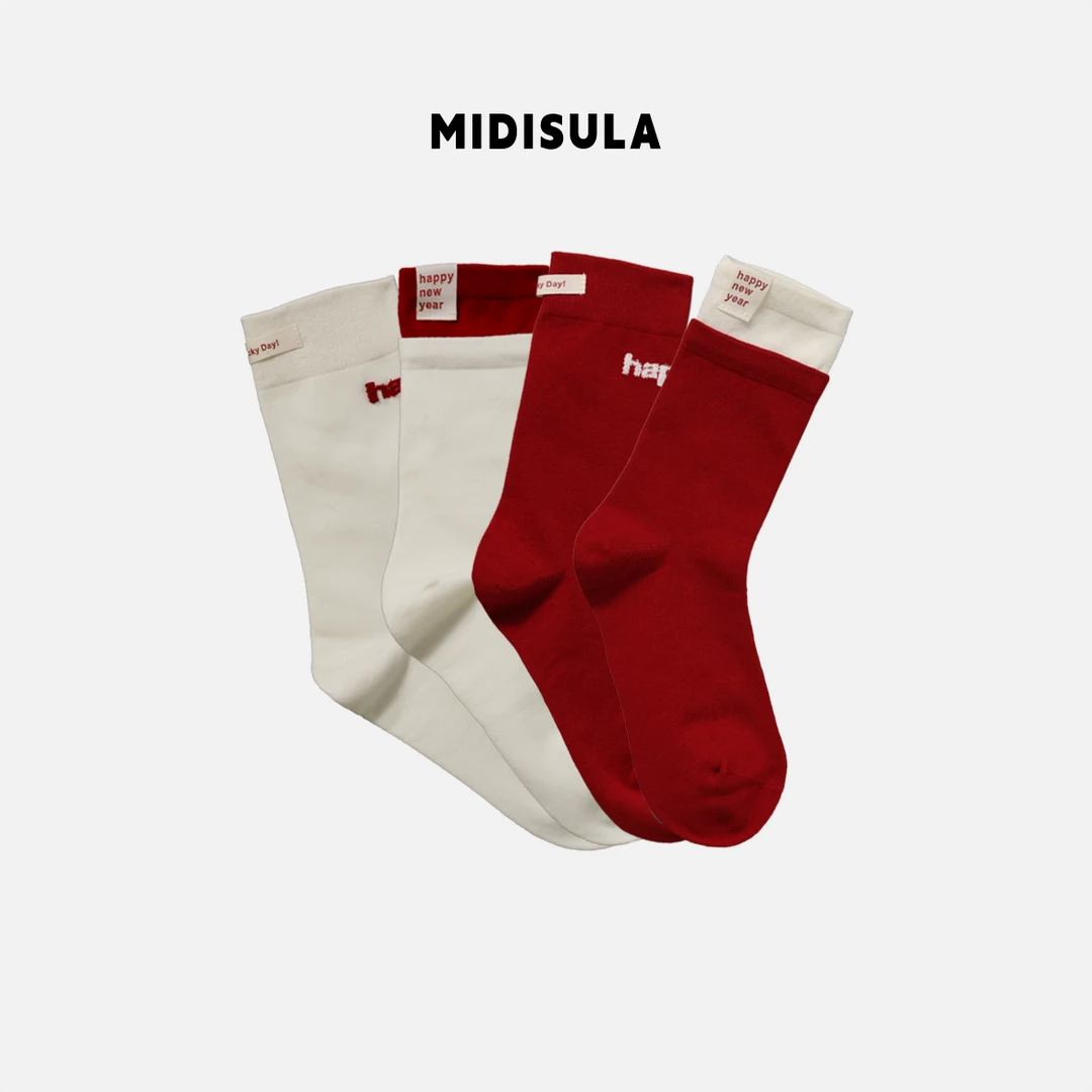 【H.MDSL】袜子纯棉中筒袜红色袜子本命年红袜秋冬布标新年袜#2175