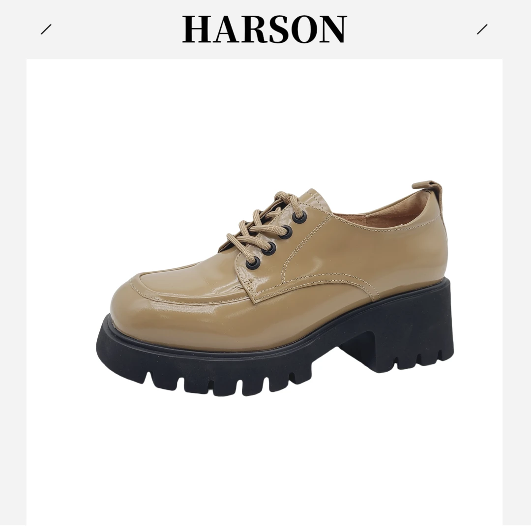 Harson/哈森系带通用学院风乐福鞋秋季设计师粗跟休闲女鞋229201
