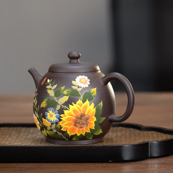 9134宜兴紫砂陶瓷中式精美天青茶具紫罗兰堆绘向日葵壶260cc左右